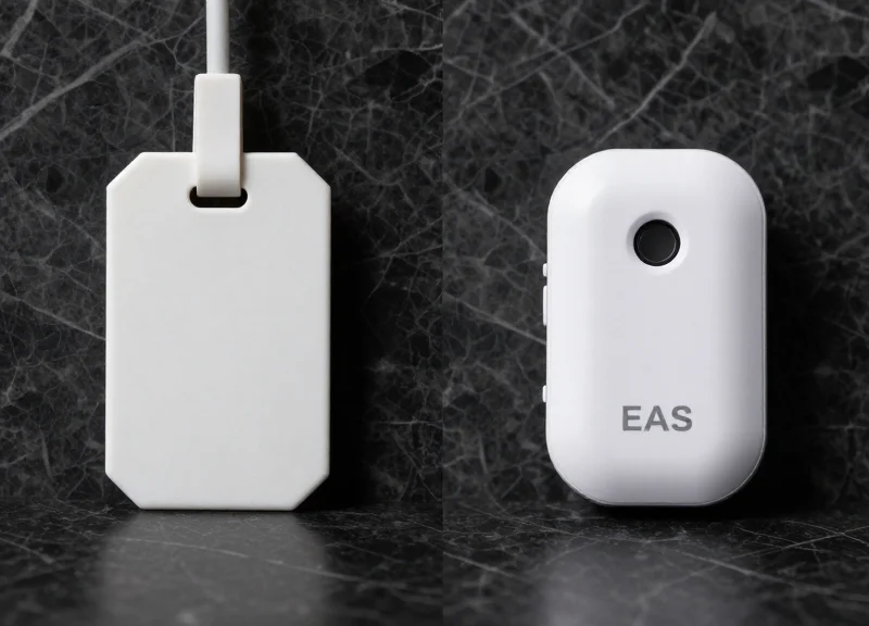 A visual comparison of a bulky traditional security tag versus a sleek next-gen EAS security sensor.