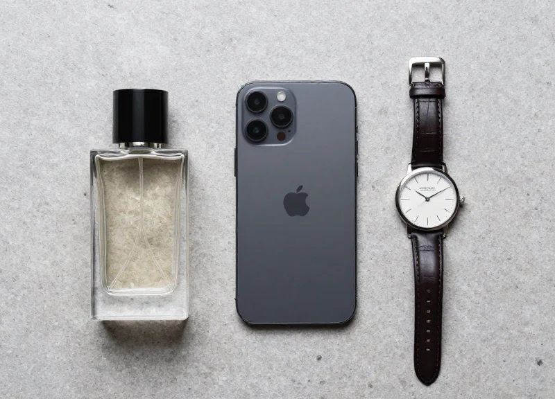 A collection of duty-free items including a luxury watch, perfume, and smartphone with security sensors.
