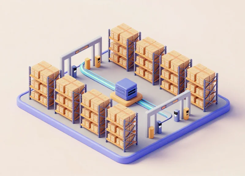 Isometric view of a bonded warehouse system architecture including sensors and data servers.