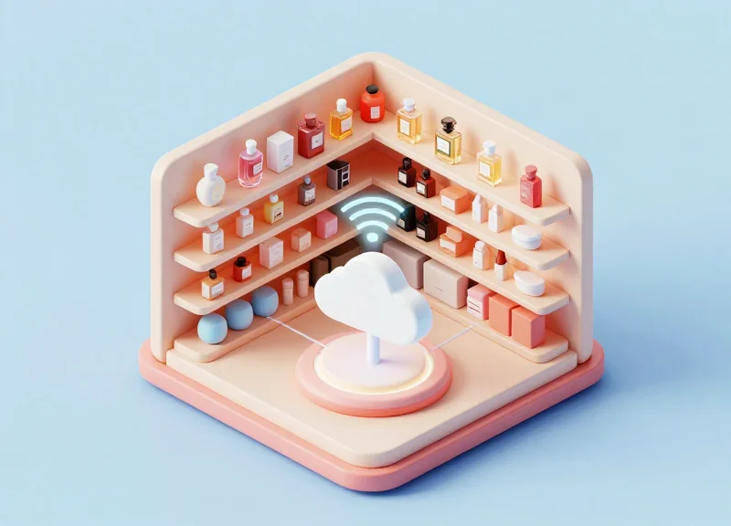 Isometric 3D model of retail products with glowing digital connection lines representing RFID tracking.
