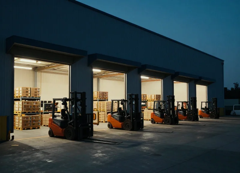 A busy e-commerce warehouse loading dock with security vulnerabilities visible in shadows