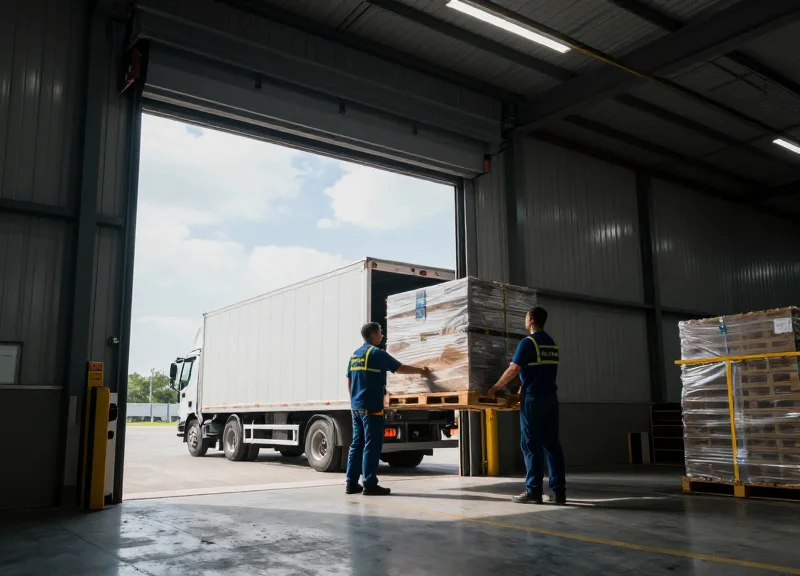 A wide shot of a modern, busy logistics dock door with high-security features during a loading process.
