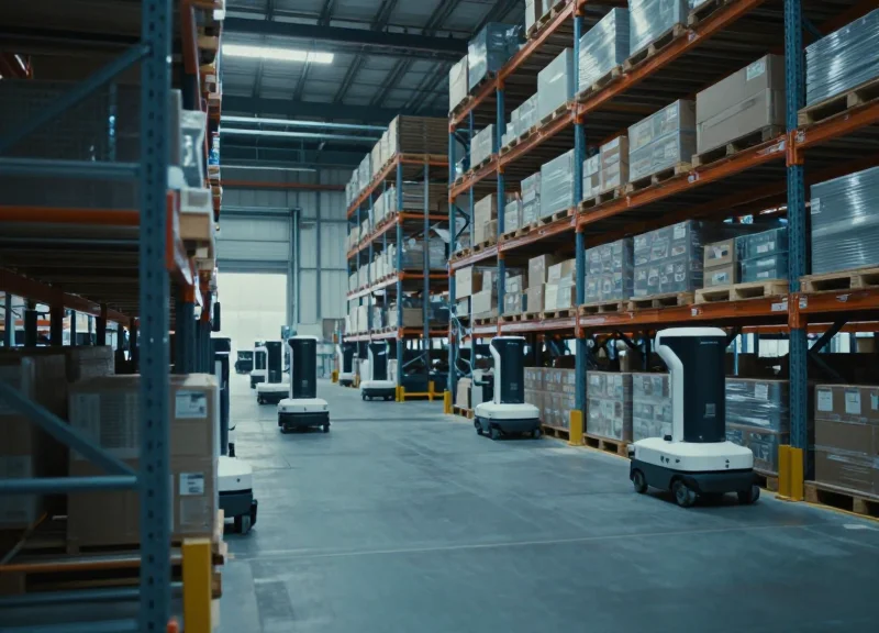A high-tech automated warehouse with smart shelving and scanning drones in 2026