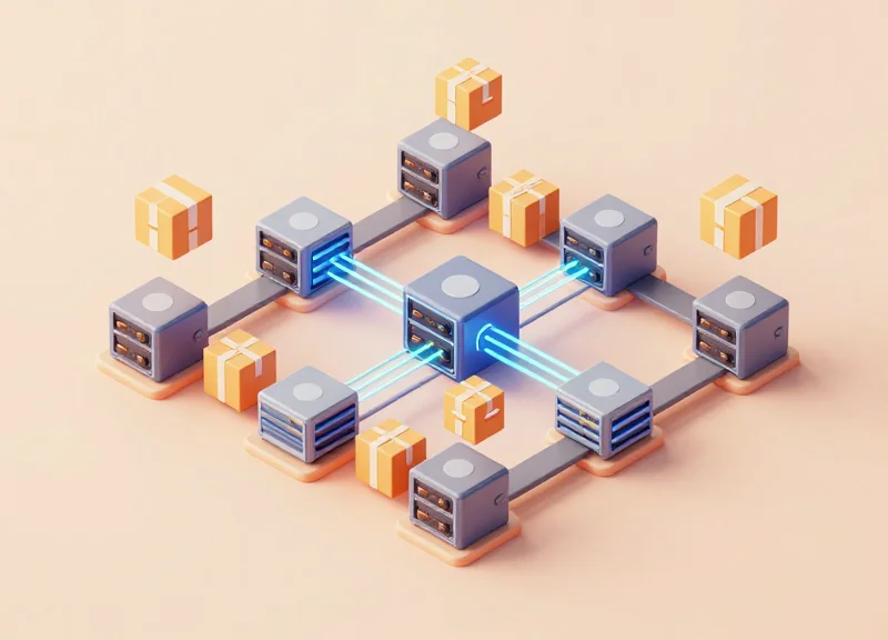 Isometric 3D model of a smart warehouse showing real-time inventory tracking workflow