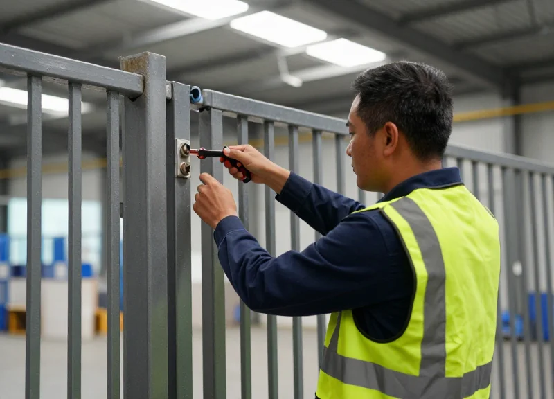 Professional technician installing a security gate in a modern distribution center