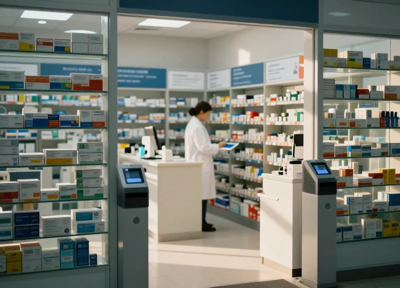 A modern pharmacy interior with high-tech security gates and glass shelving.