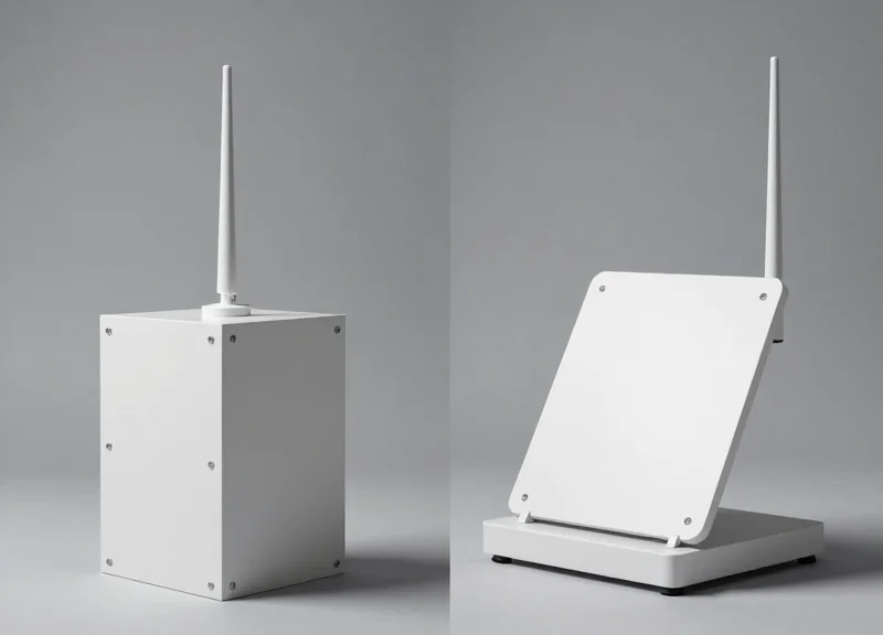 Two different types of EAS security pedestals side-by-side in a studio setting.