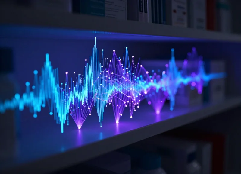 Abstract data visualization showing RFID signals tracking pharmaceutical inventory.