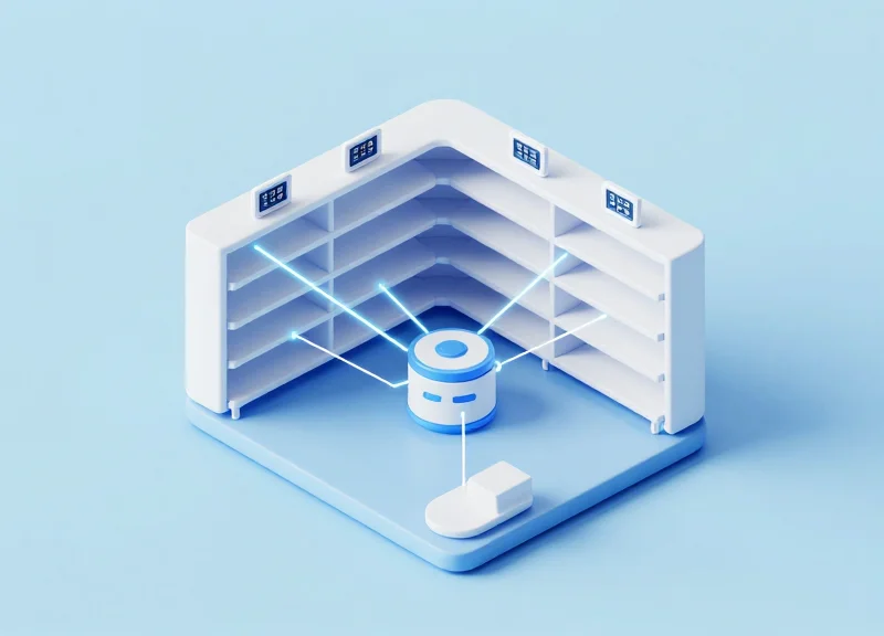An isometric 3D view of a smart pharmacy shelf with electronic labels and integrated sensors.