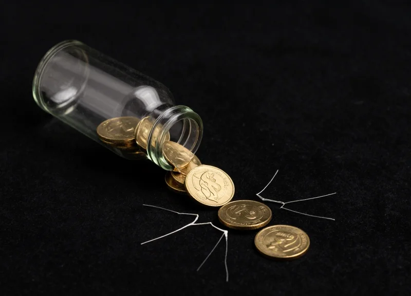 A conceptual illustration of a glass container representing pharmacy profits with gold coins leaking through a small crack to symbolize shrinkage.