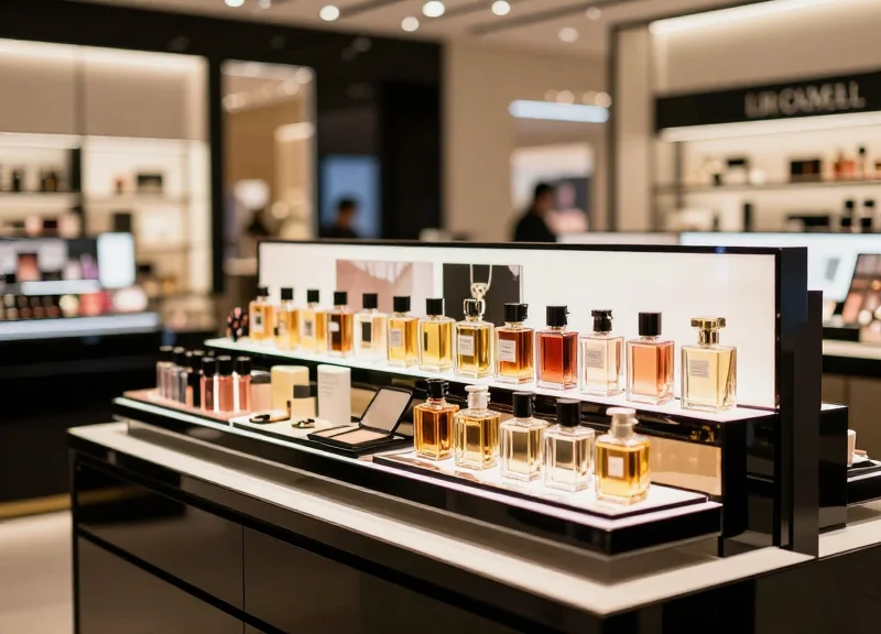 Luxurious beauty retail counter with organized perfume and makeup testers in a high-end store setting.
