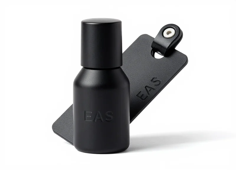 A sleek, discrete EAS security sensor attached to a high-end cosmetic product.