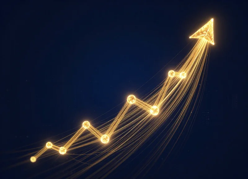 Abstract representation of financial growth and ROI with golden light trails rising upwards.