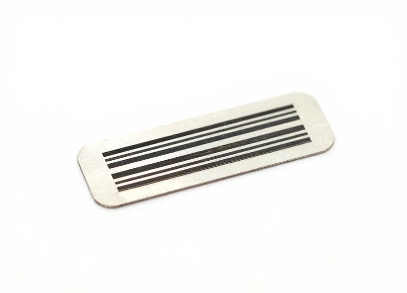 Close-up of a 15mm AM micro-label security tag on a white background