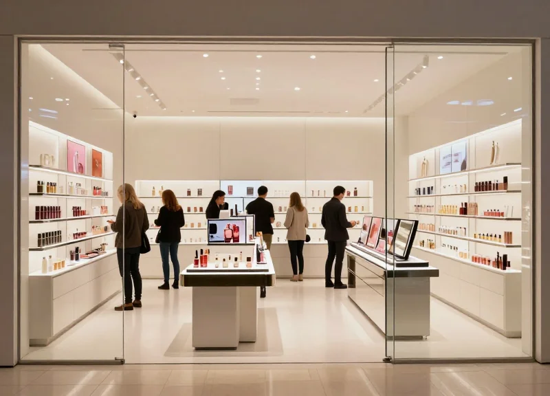 Futuristic high-end beauty store interior with sleek displays and modern lighting
