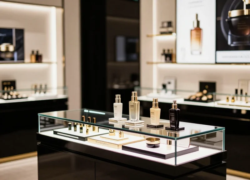 High-end luxury skincare boutique interior with elegant glass displays and premium cosmetic products.