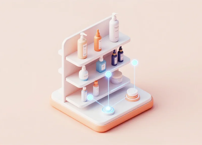 Isometric 3D model of a smart retail shelf with cosmetic products connected to a data network.