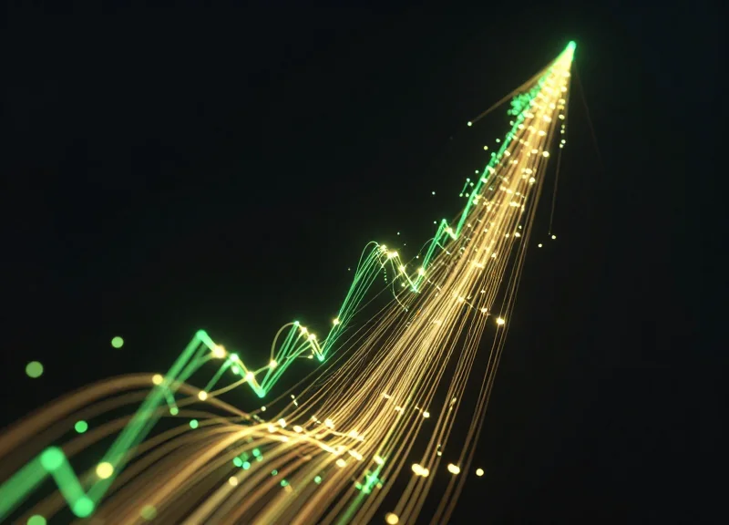 Abstract visualization of financial growth and data streams representing 35 percent ROI increase.