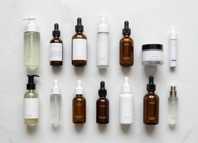 Flat lay of various skincare products showing the application of discreet security labels.
