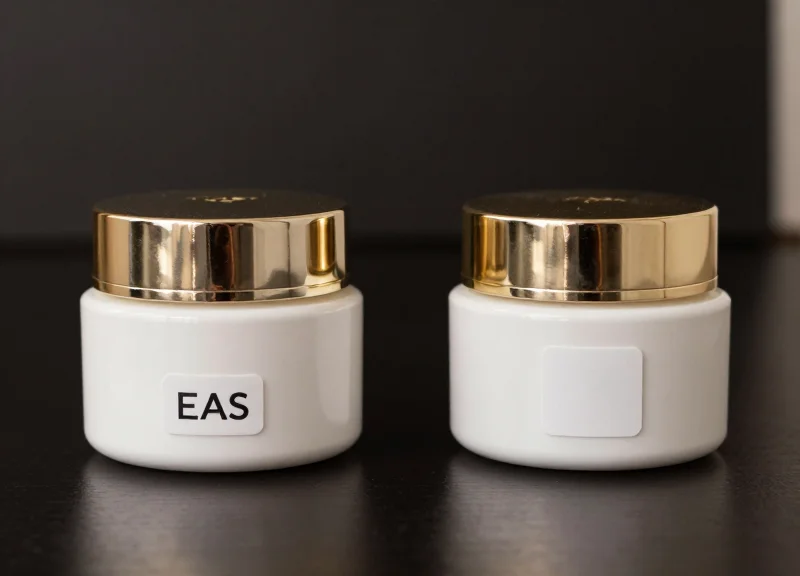 Side-by-side comparison of a bottle with an EAS tag versus a bottle with a discreet RFID label.