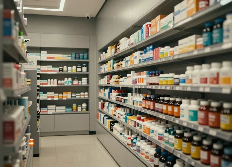 A modern retail store aisle with supplement bottles on shelves and a subtle security camera mounted above, cinematic lighting.
