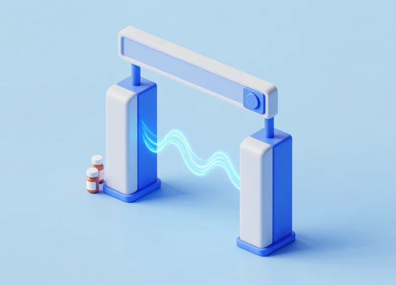 Isometric 3D view of an electronic article surveillance gate at a store exit with abstract glowing signal waves.