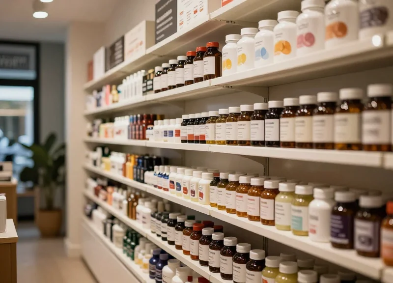 A modern health supplement store with organized shelves of vitamins and protein powders.