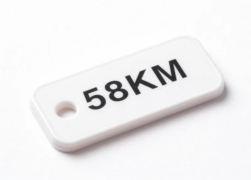 Close-up of a white 58kHz AM soft security tag used for anti-theft.