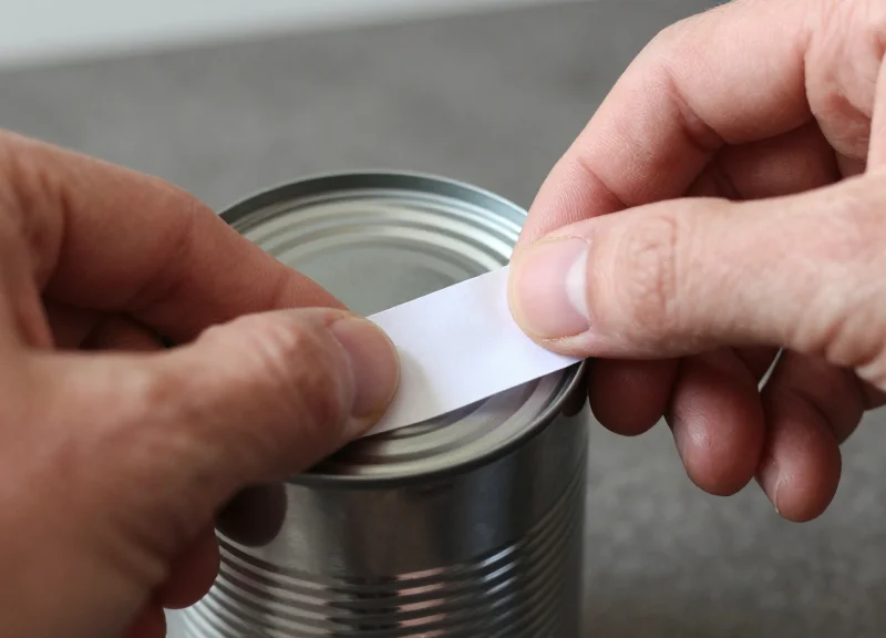 Human hands applying a small security sticker to the base of a product.