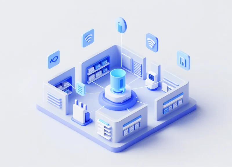 Isometric 3D model of a connected retail network with RFID and IoT symbols
