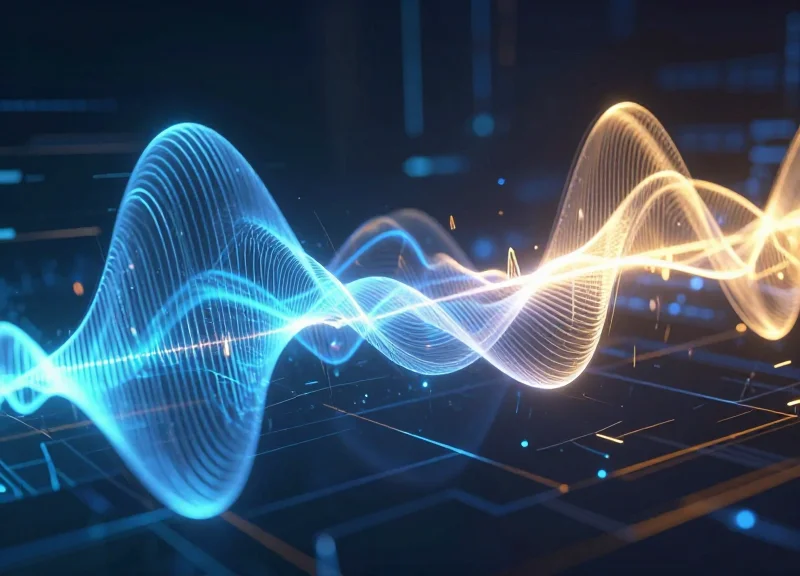 Abstract visualization of AM and RF signal waves overlapping in a high-tech environment
