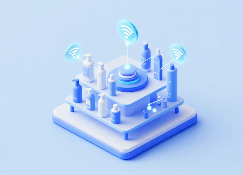 Isometric 3D model of a salon shelf integrated with digital RFID tracking icons