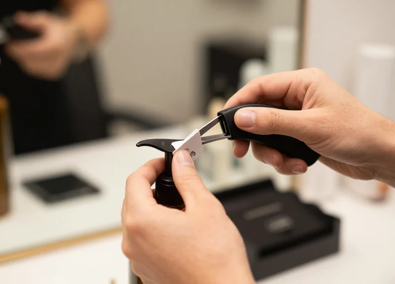 A salon stylist quickly and efficiently removing a security tag from a bottle at the checkout counter