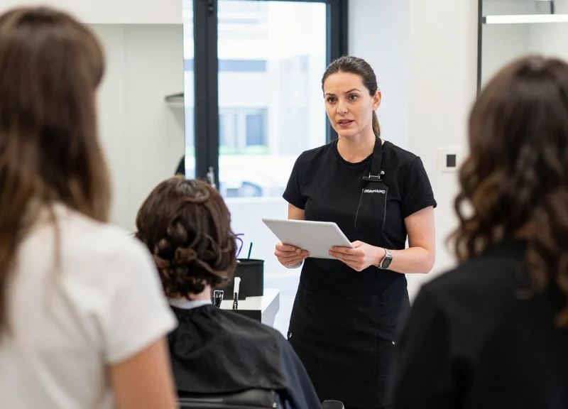 Salon manager conducting loss prevention training with a group of professional stylists.