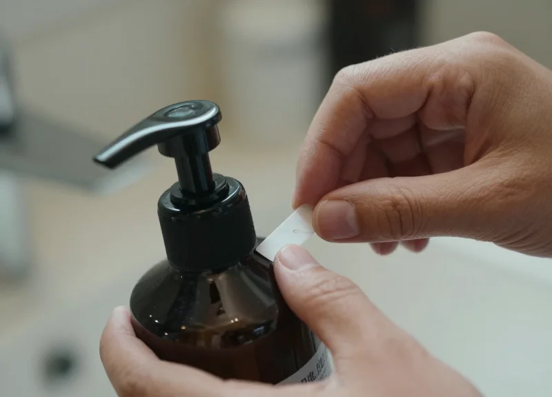 Close-up of a person's hands applying a security label to the base of a luxury shampoo bottle