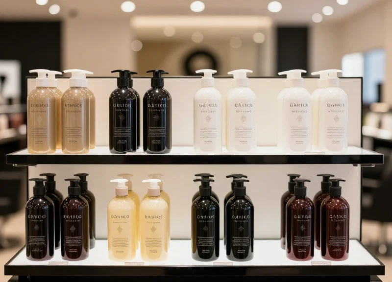 A display of premium beauty products on a salon shelf showing clean branding