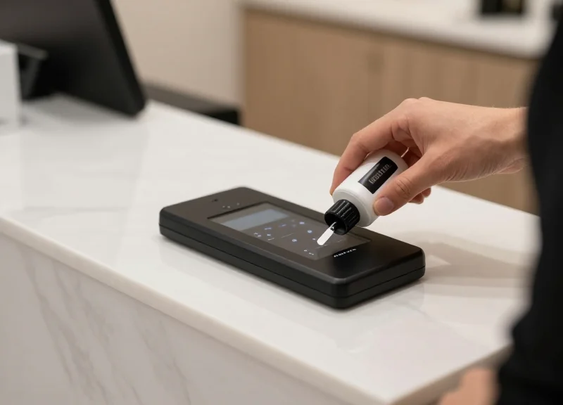 A security deactivation pad at a minimalist salon checkout counter