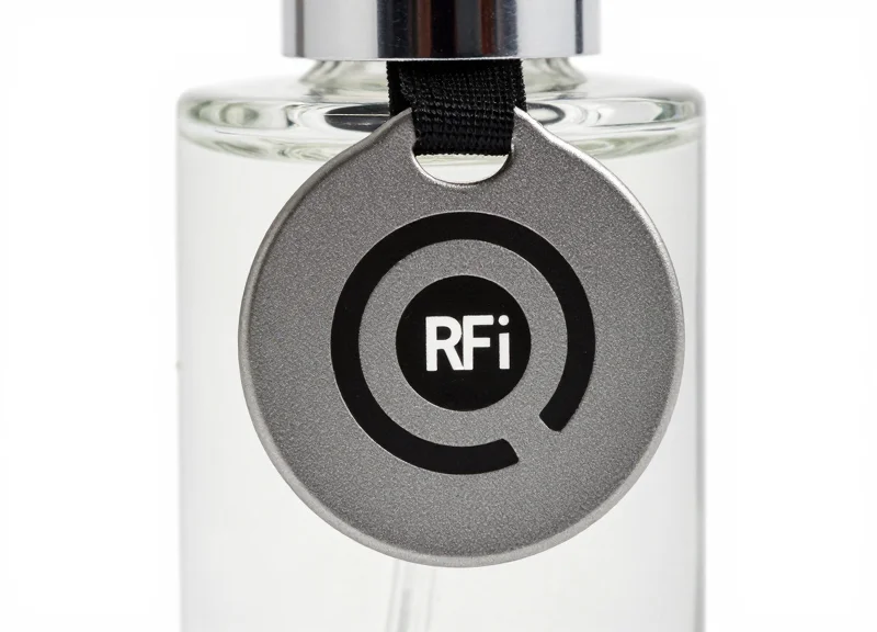 Close-up of a modern DragonGuard RFID security tag on a product bottle.