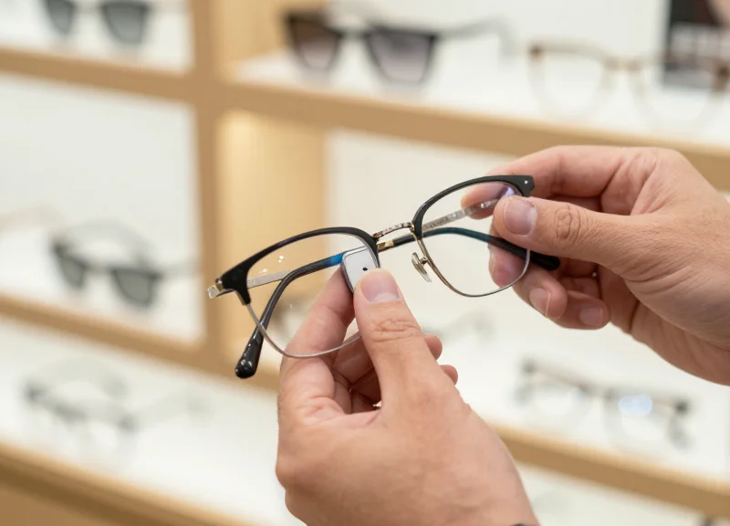 Professional hands carefully attaching a small security tag to the temple of designer eyewear.