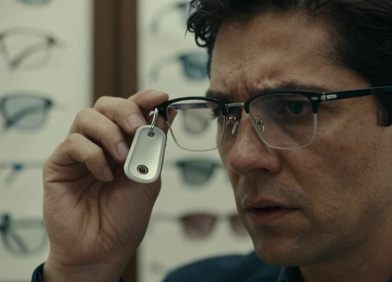 Close-up of person trying on glasses with a bulky security tag interfering with the fit.