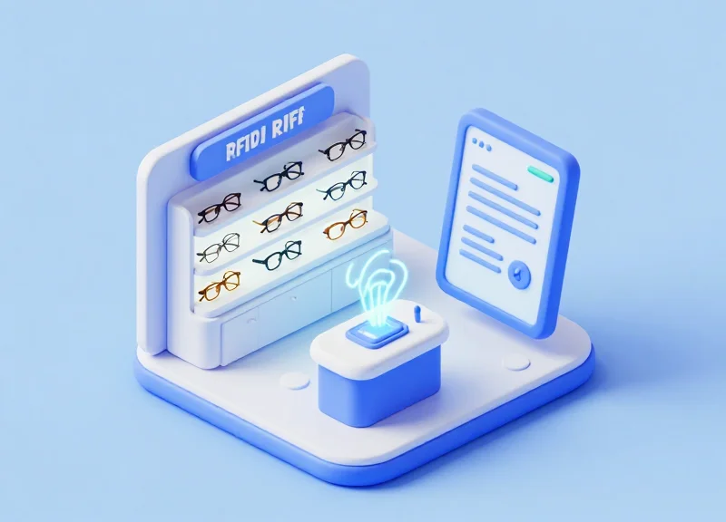 Isometric view of an optical store with digital waves connecting frames to a tablet.