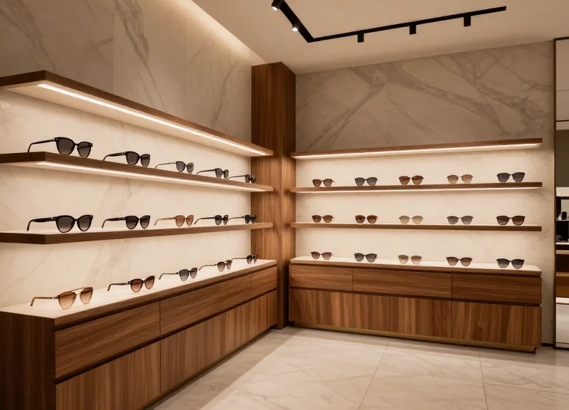 Luxury modern optical boutique interior with designer frames on minimalist shelves