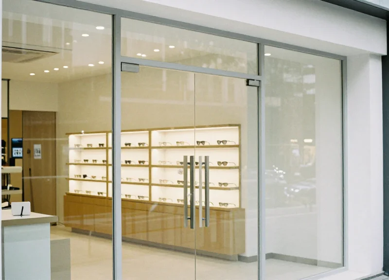 Clean minimalist entrance of an eyewear store with no visible security antennas
