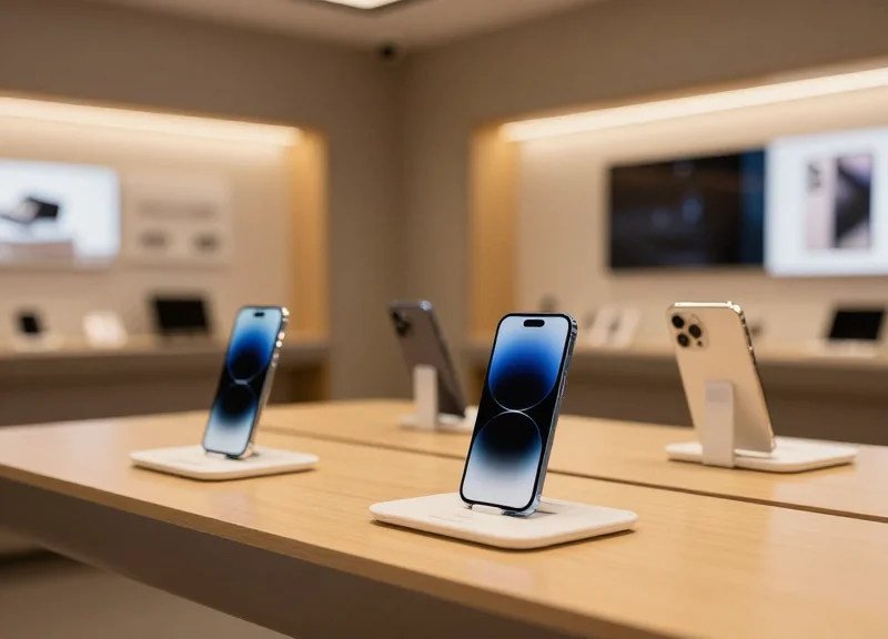 Interior of a high-end luxury tech boutique with mobile phones on modern security stands under cinematic lighting.