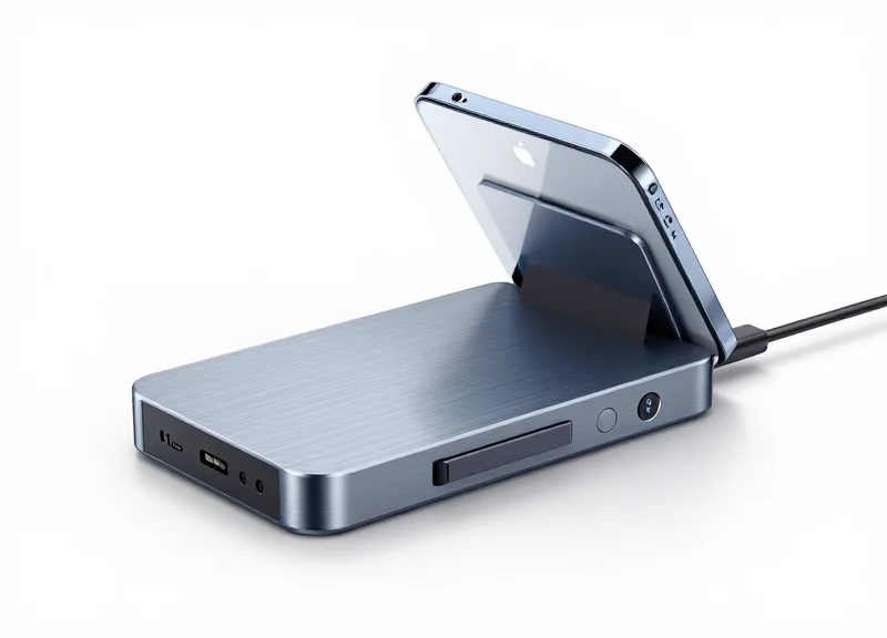 Universal multi-device charging and security hub made of brushed aluminum on a white background.