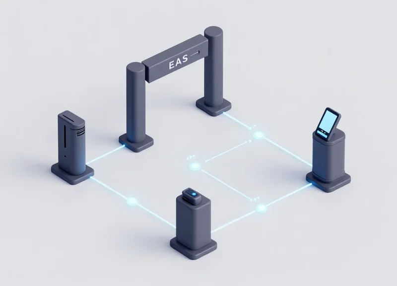 3D isometric illustration of a connected retail security ecosystem featuring security stands and EAS gates.