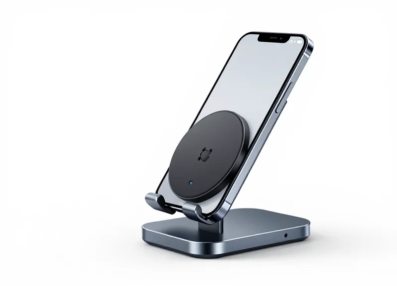 A sleek modern smartphone security stand with an integrated charging cable on a clean white background.