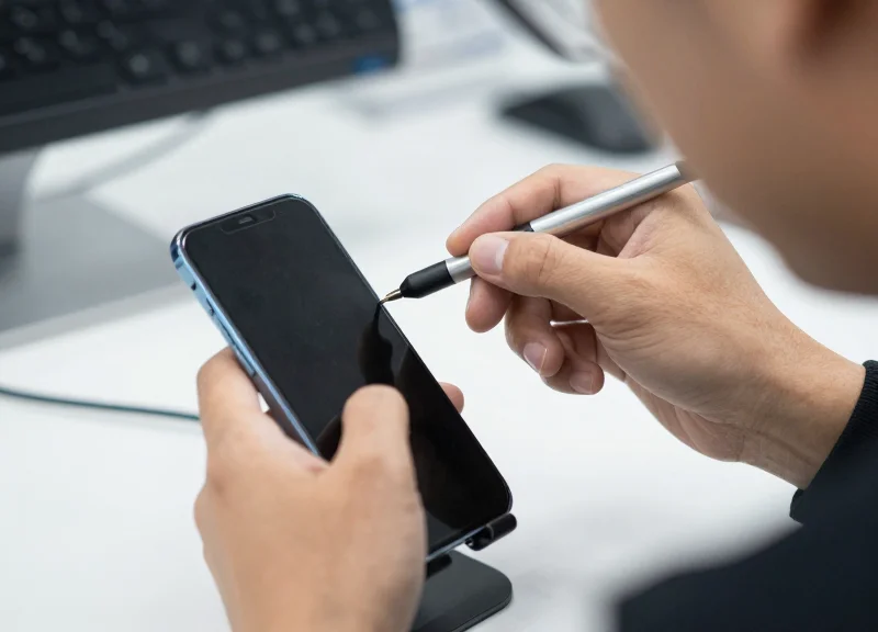 A close-up shot of a technician's hands carefully calibrating a security sensor on a display stand.