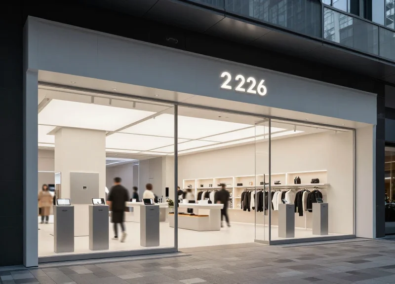 A modern, high-end electronics retail store interior with sleek security pedestals at the entrance and customers browsing in the background.