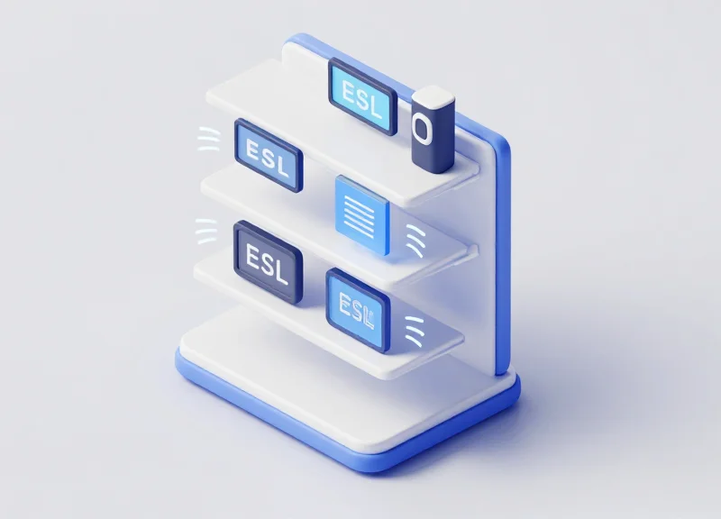 3D isometric model of an interconnected retail ecosystem with RFID tags and electronic shelf labels.